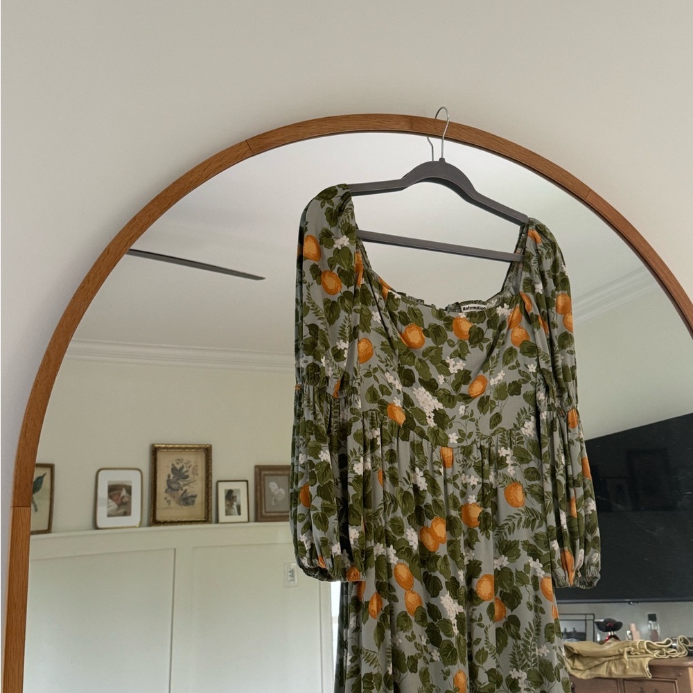 reformation Floral Green and Orange Dress
